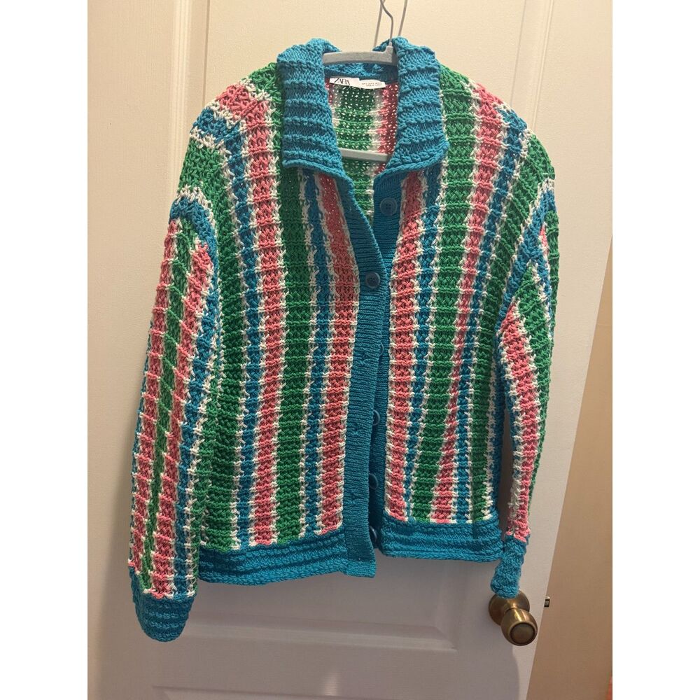 Zara Multicolored Vertical Striped Crochet Knit Cardigan Sweater Collared Size S